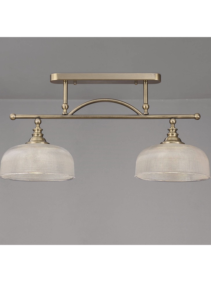 Idolite Sheridan Antique Brass 2 Light Linear Bar Pendant Complete With Prismatic Glass Shades