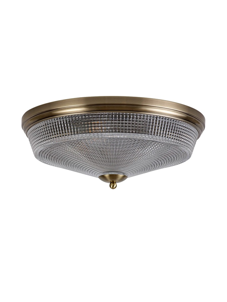 Idolite Sheridan Antique Brass 3 Light Flush Ceiling Light Complete With Prismatic Glass Shade