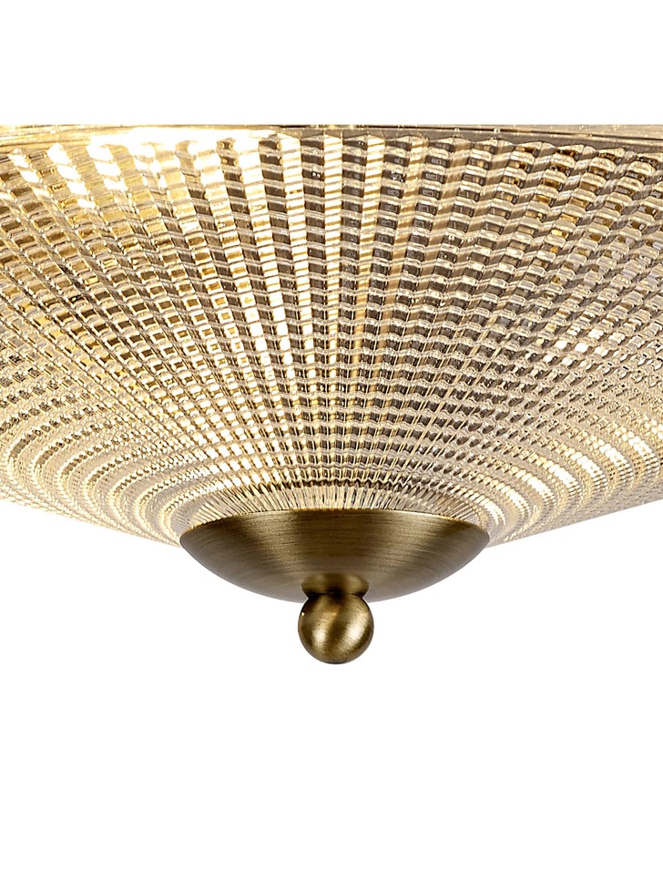 Idolite Sheridan Antique Brass 3 Light Flush Ceiling Light Complete With Prismatic Glass Shade