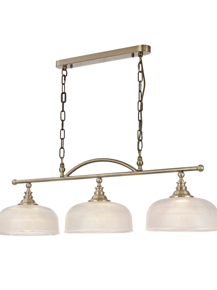 Idolite Sheridan Antique Brass 3 Light Linear Bar Pendant Complete With Prismatic Glass Shades