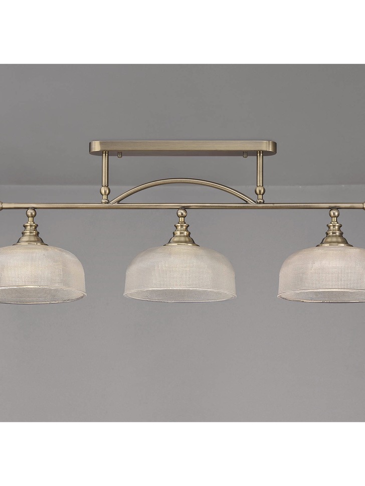 Idolite Sheridan Antique Brass 3 Light Linear Bar Pendant Complete With Prismatic Glass Shades