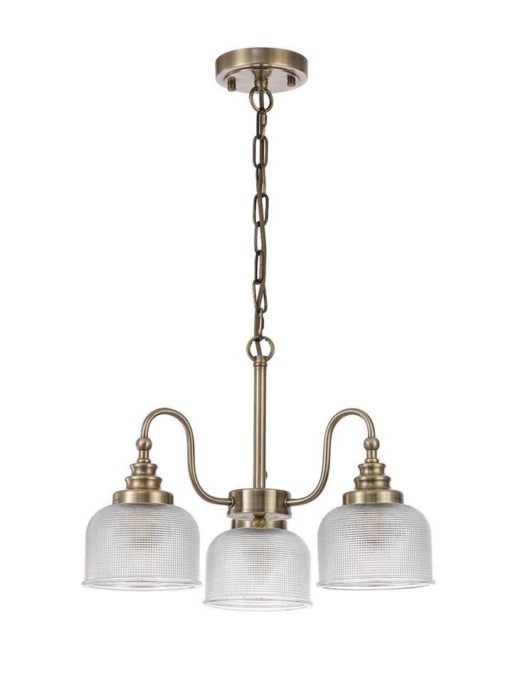 Idolite Sheridan Antique Brass 3 Light Pendant Complete With Prismatic Glass Shades