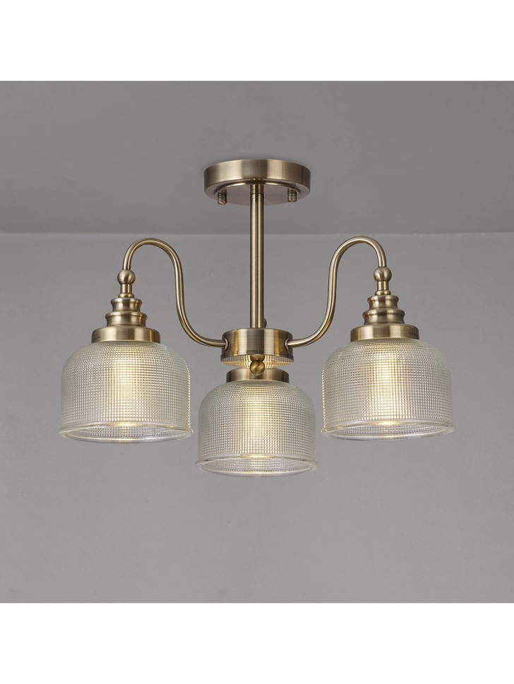 Idolite Sheridan Antique Brass 3 Light Pendant Complete With Prismatic Glass Shades