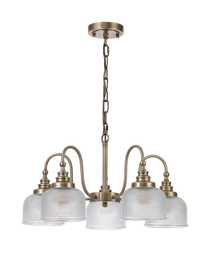 Idolite Sheridan Antique Brass 5 Light Pendant Complete With Prismatic Glass Shades