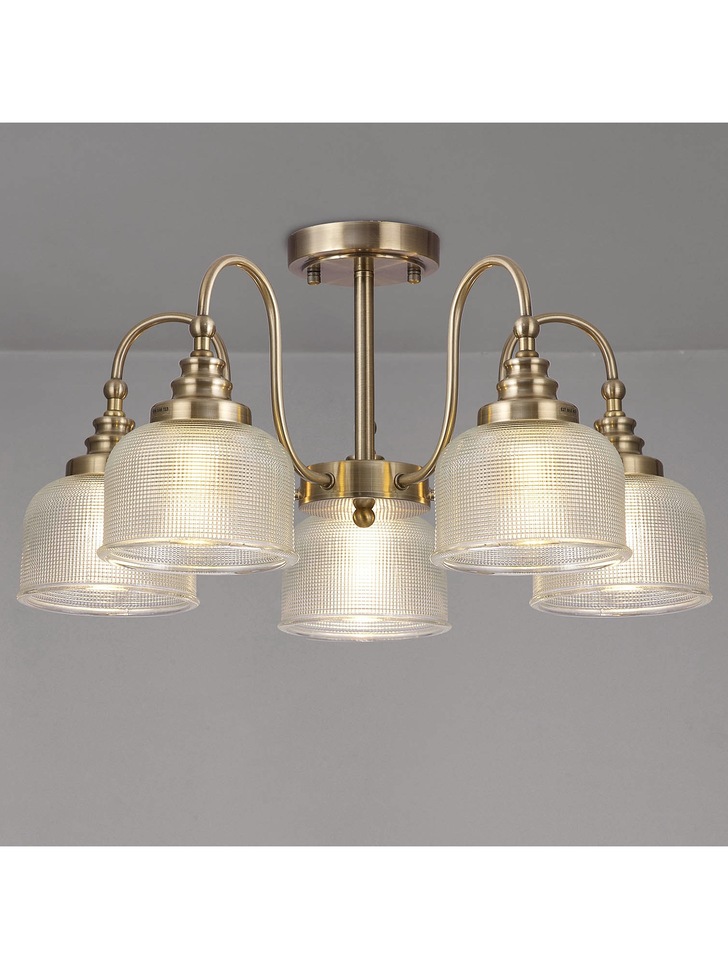 Idolite Sheridan Antique Brass 5 Light Pendant Complete With Prismatic Glass Shades