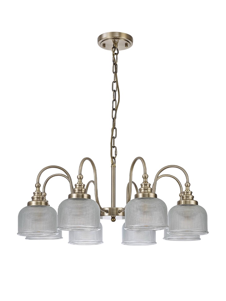 Idolite Sheridan Antique Brass 8 Light Pendant Complete With Prismatic Glass Shades