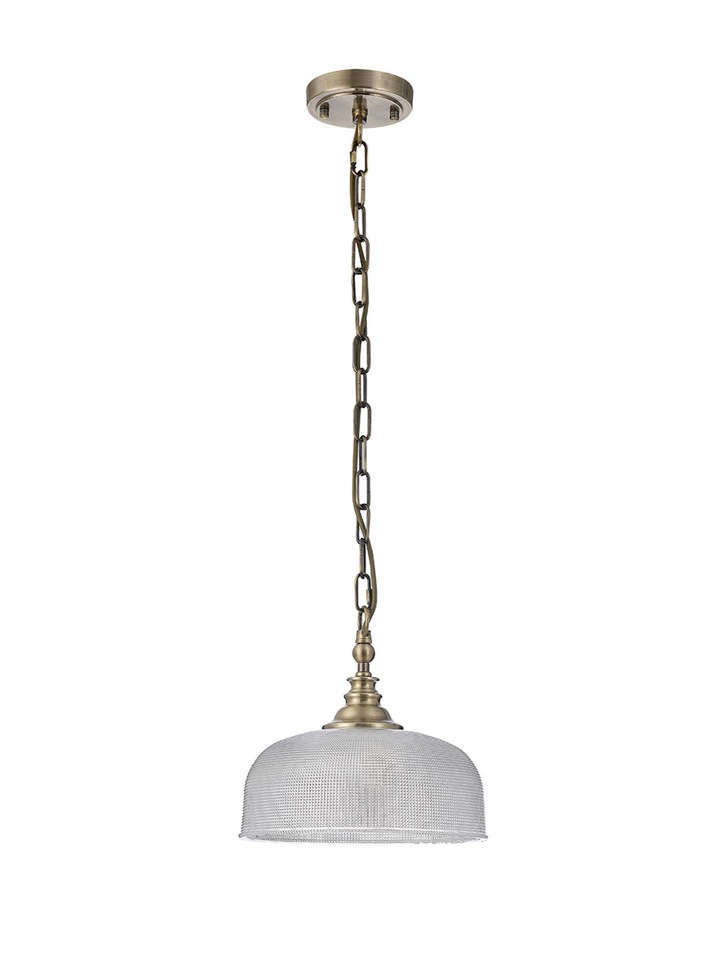 Idolite Sheridan Antique Brass Single Pendant Light Complete With Prismatic Glass Shade