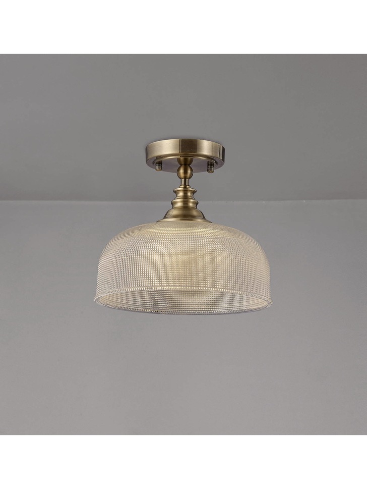 Idolite Sheridan Antique Brass Single Pendant Light Complete With Prismatic Glass Shade