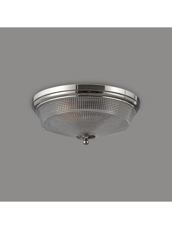 Idolite Sheridan Polished Nickel 2 Light Flush Ceiling Light Complete With Prismatic Glass Shade