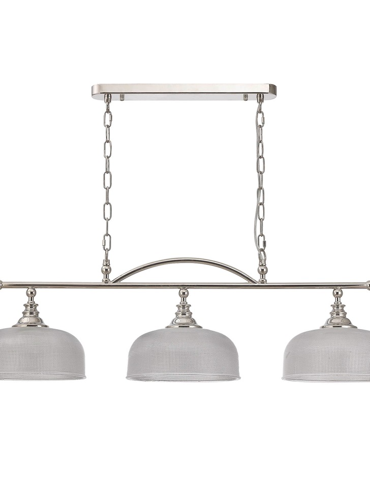 Idolite Sheridan Polished Nickel 3 Light Linear Bar Pendant Complete With Prismatic Glass Shades