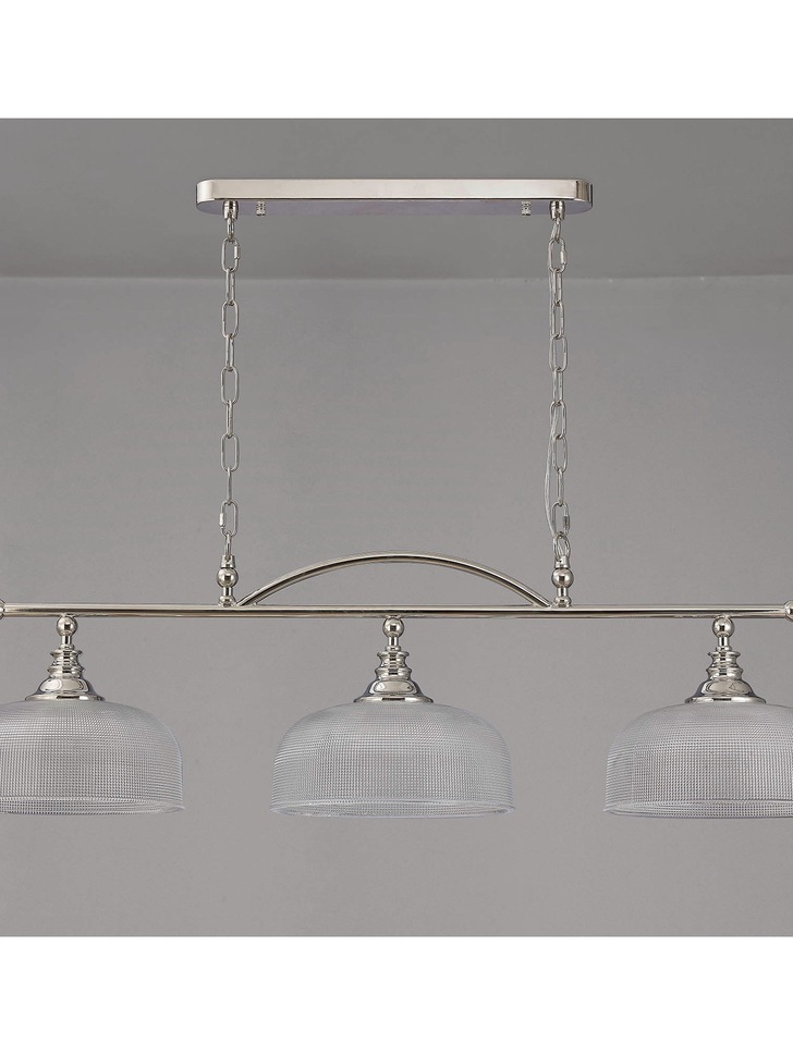 Idolite Sheridan Polished Nickel 3 Light Linear Bar Pendant Complete With Prismatic Glass Shades