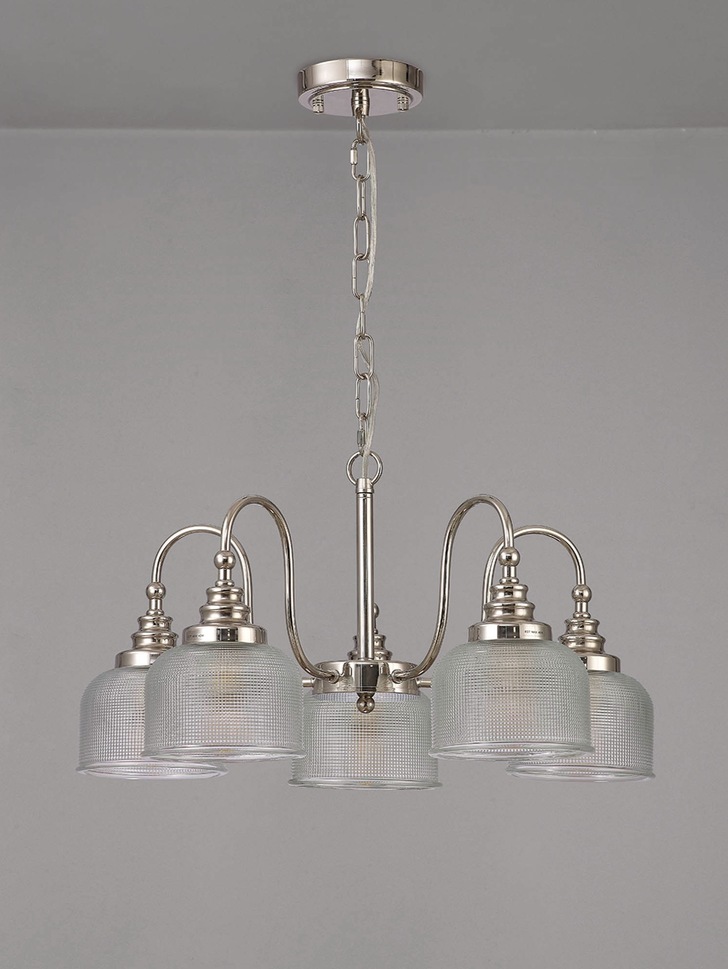 Idolite Sheridan Polished Nickel 5 Light Pendant Complete With Prismatic Glass Shades