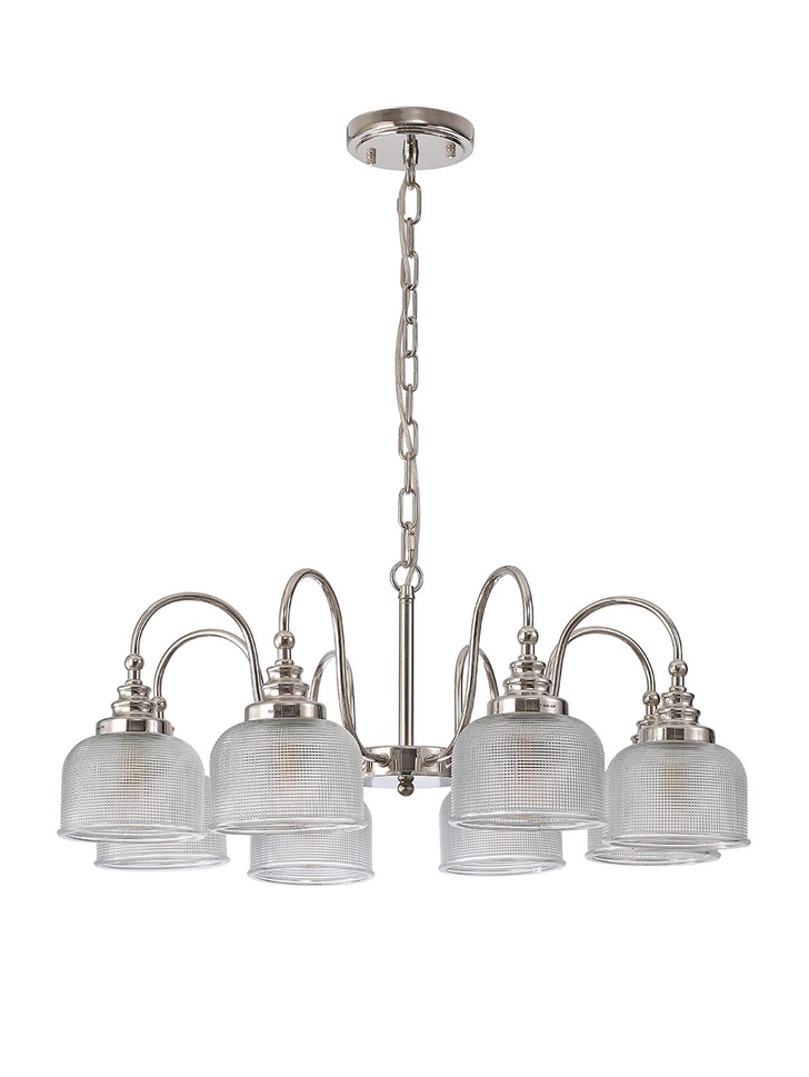 Idolite Sheridan Polished Nickel 8 Light Pendant Complete With Prismatic Glass Shades