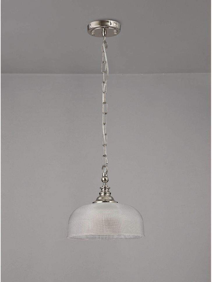 Idolite Sheridan Polished Nickel Single Pendant Light Complete With Prismatic Glass Shade