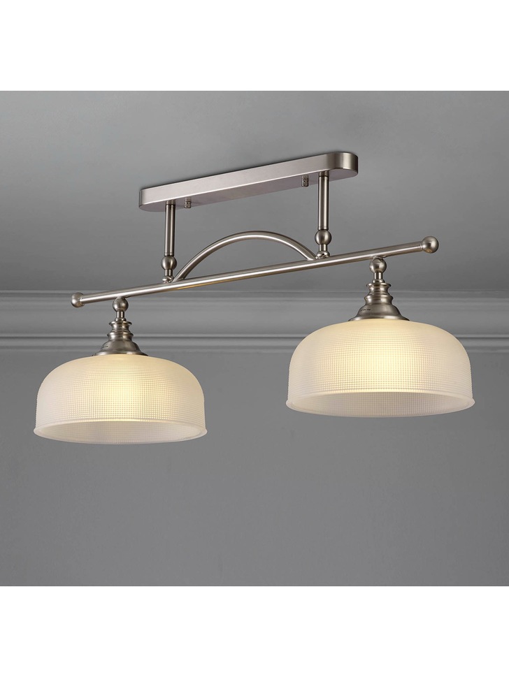 Idolite Sheridan Satin Nickel 2 Light Linear Bar Pendant Complete With Frosted Glass Shades