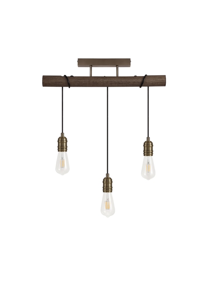 Idolite Skylar Medium Oak 3 Light Linear Pendant C/W Antique Brass Lamp Holders