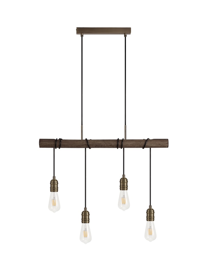 Idolite Skylar Medium Oak 4 Light Linear Pendant C/W Antique Brass Lamp Holders