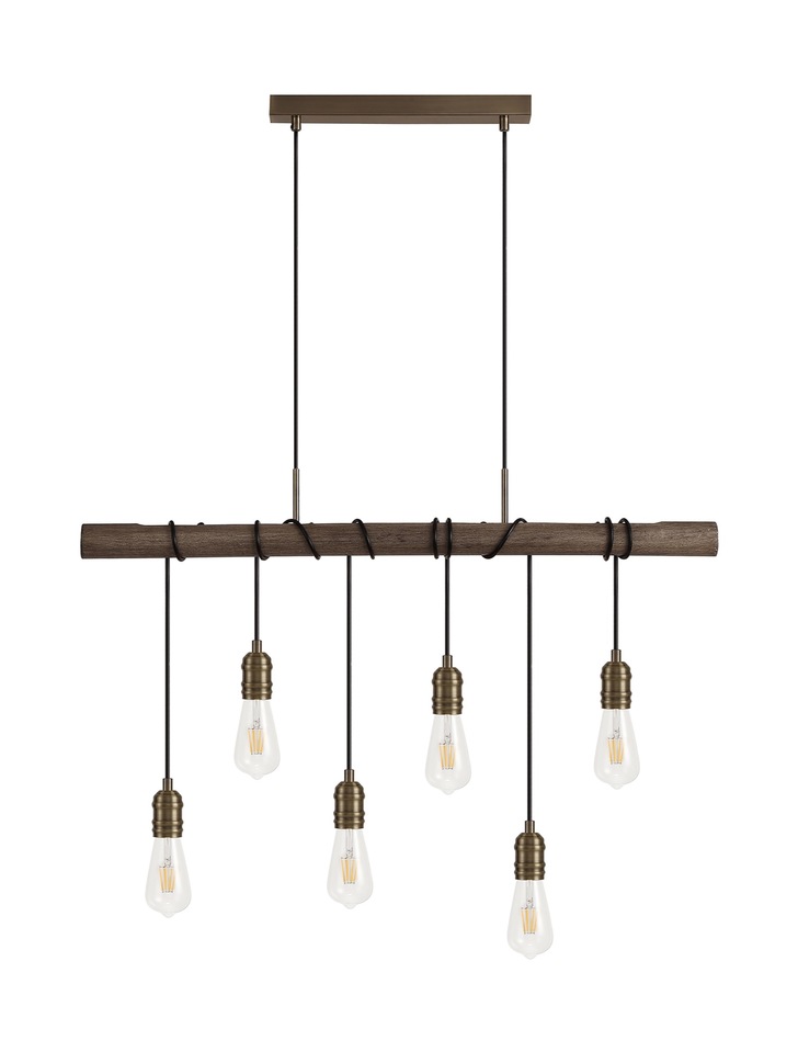 Idolite Skylar Medium Oak 6 Light Linear Pendant C/W Antique Brass Lamp Holders