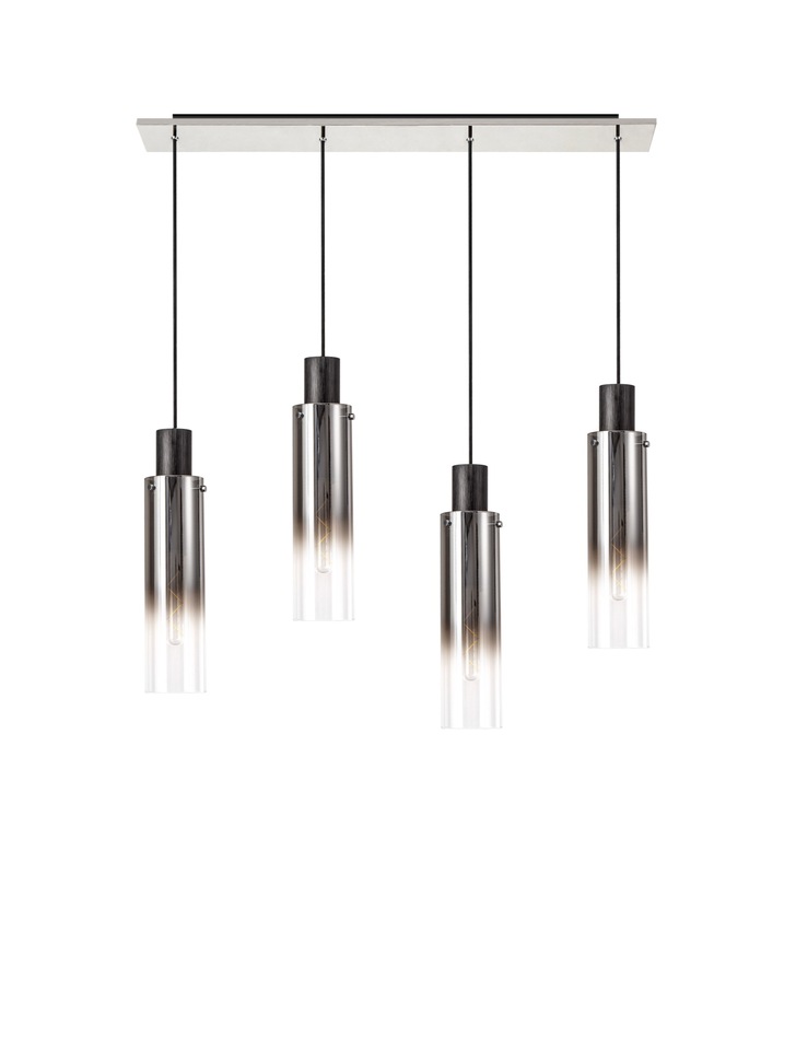 Idolite Snowdon Slim Black/Polished Chrome 4 Light Linear Bar Pendant With Smoked/Clear Ombre Glasses