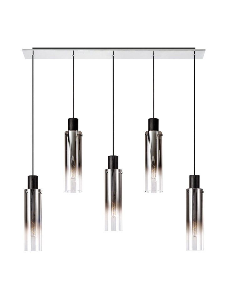 Idolite Snowdon Slim Black/Polished Chrome 5 Light Linear Bar Pendant With Smoked/Clear Ombre Glasses