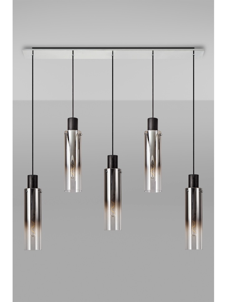 Idolite Snowdon Slim Black/Polished Chrome 5 Light Linear Bar Pendant With Smoked/Clear Ombre Glasses