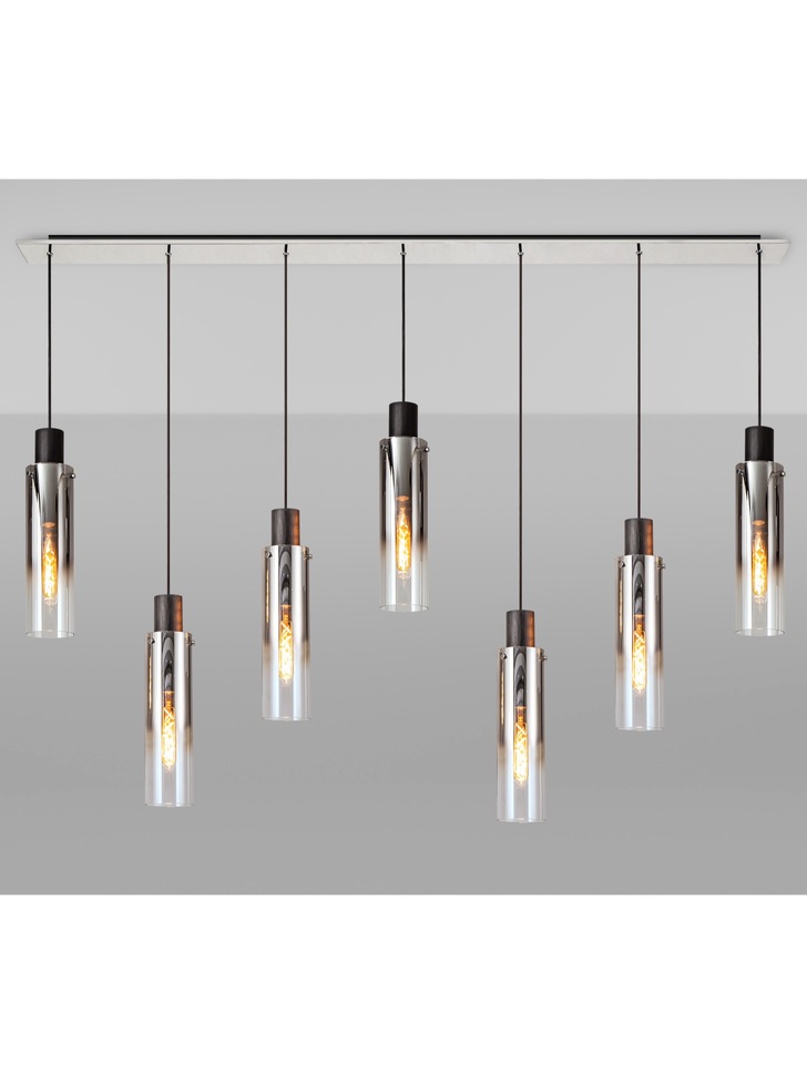 Idolite Snowdon Slim Black/Polished Chrome 7 Light Linear Bar Pendant With Smoked/Clear Ombre Glass Shades