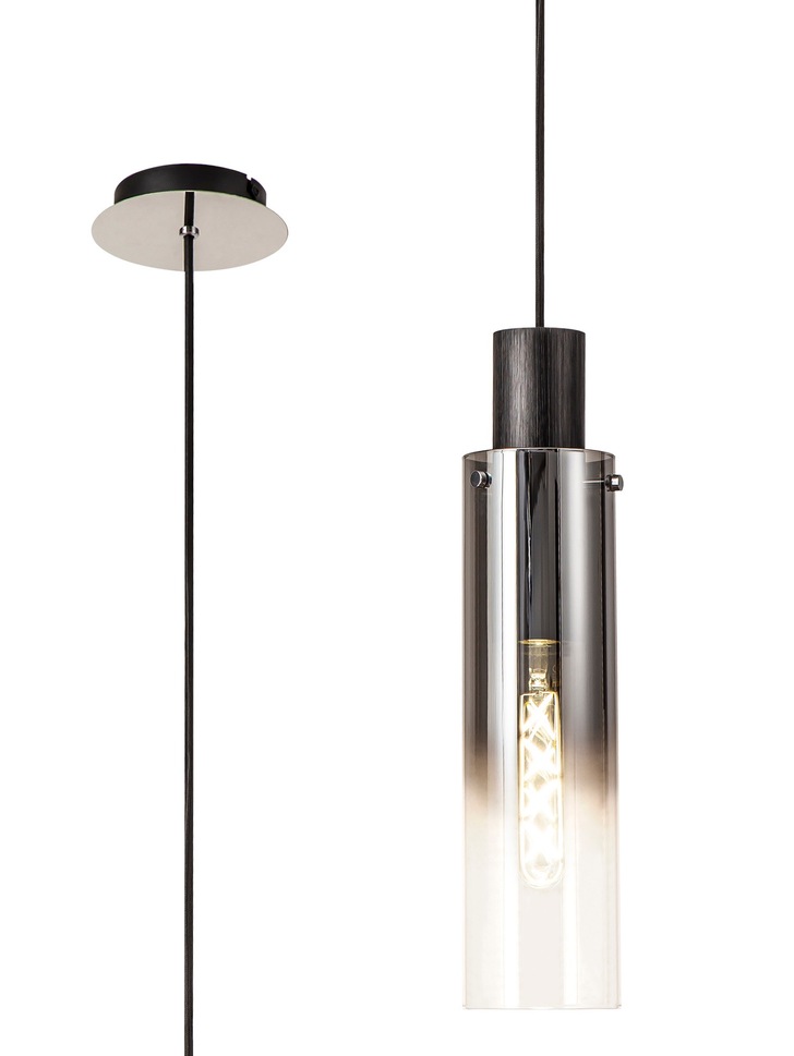 Idolite Snowdon Slim Black/Polished Chrome Single Pendant Light With Smoked/Clear Ombre Glass