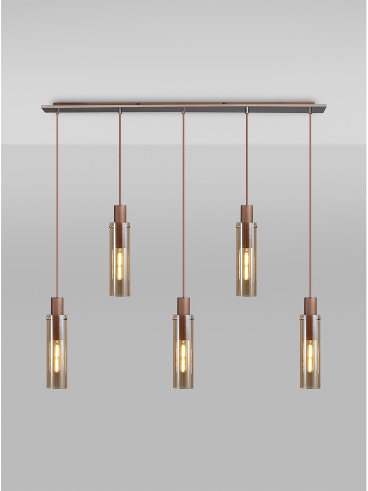 Idolite Snowdon Slim Mocha 5 Light Linear Bar Pendant Complete With Amber Glass Shades