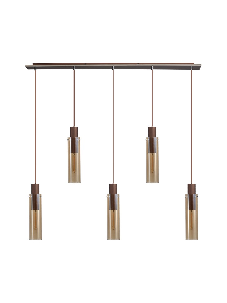 Idolite Snowdon Slim Mocha 5 Light Linear Bar Pendant Complete With Amber Glass Shades