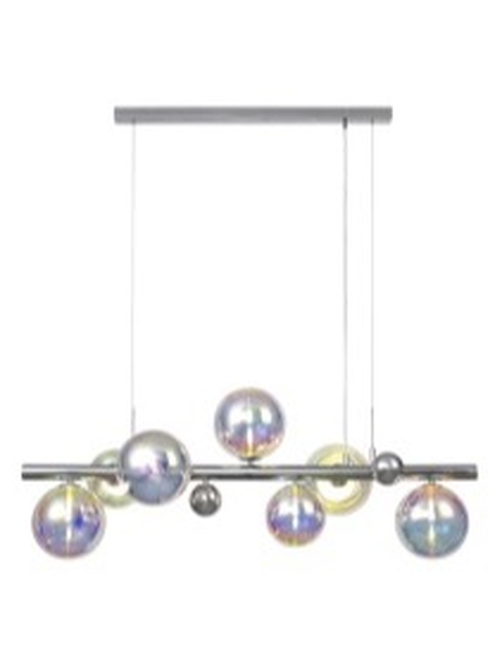 Idolite Stockwell Polished Chrome 7 Light Linear Bar Pendant C/W Iridescent Glass Globes