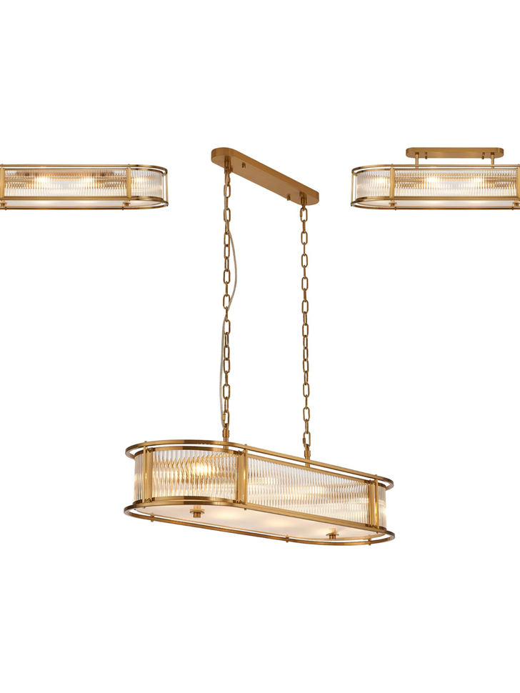 Idolite Waine 1m 8 Light Linear Oval Bar Flush Ceiling/Pendant Convertible Brass/Clear Glass