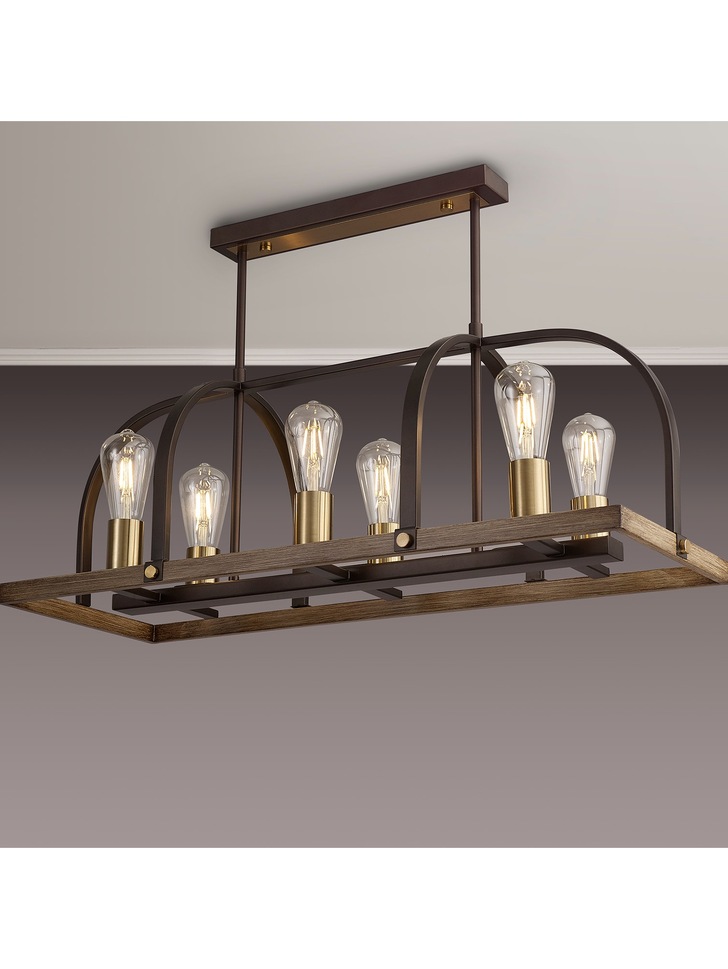 Idolite Zala Brown Oxide 6 Light Linear Bar Pendant With Antique Bronze & Wood Detailing