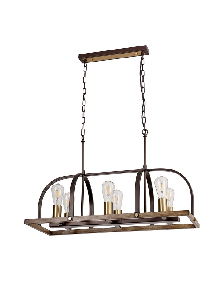 Idolite Zala Brown Oxide 6 Light Linear Bar Pendant With Antique Bronze & Wood Detailing