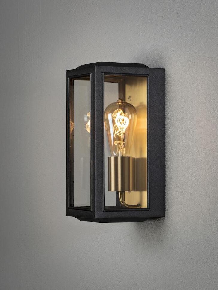 Konstsmide Carpi 7348 Matt Black & Brass Exterior Wall Light With Clear Glass Panels