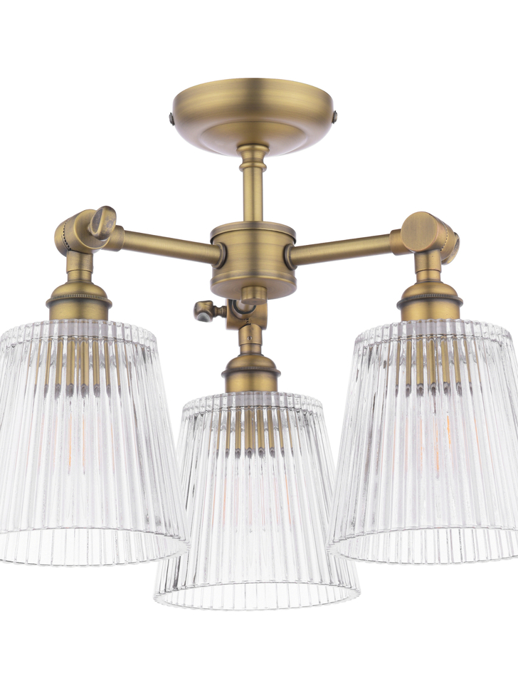 Laura Ashley Callaghan 3 Light Semi-Flush Matt Antique Brass and Ribbed Glass