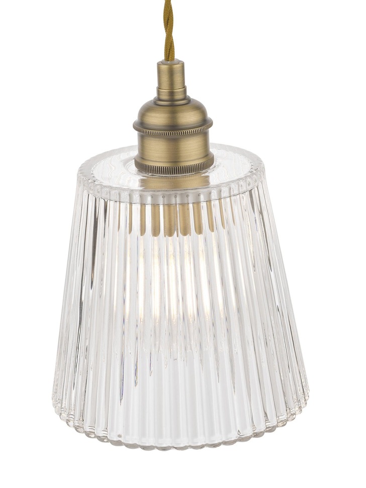 Laura Ashley Callaghan Antique Brass Single Pendant Complete With Ribbed Glass Shade