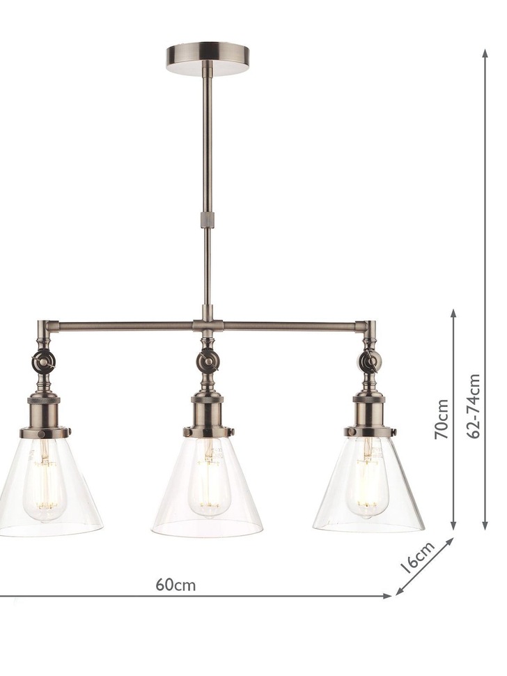 Laura Ashley LA3650343-Q Isaac Industrial Nickel 3 Light Bar Pendant With Clear Glass Shades