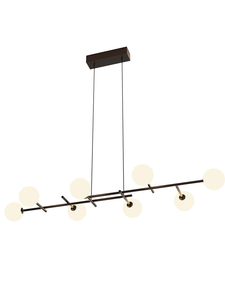 Mantra Cellar 8 Light Linear Bar Pendant Black With Opal Glass Globes