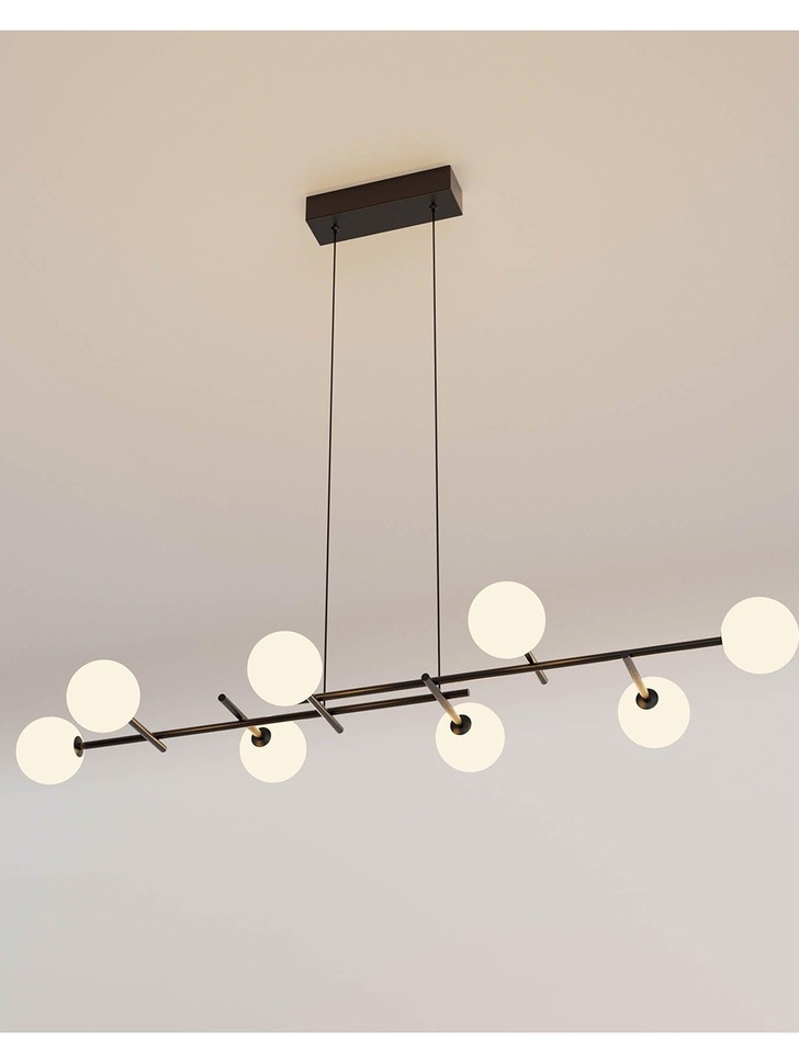 Mantra Cellar 8 Light Linear Bar Pendant Black With Opal Glass Globes