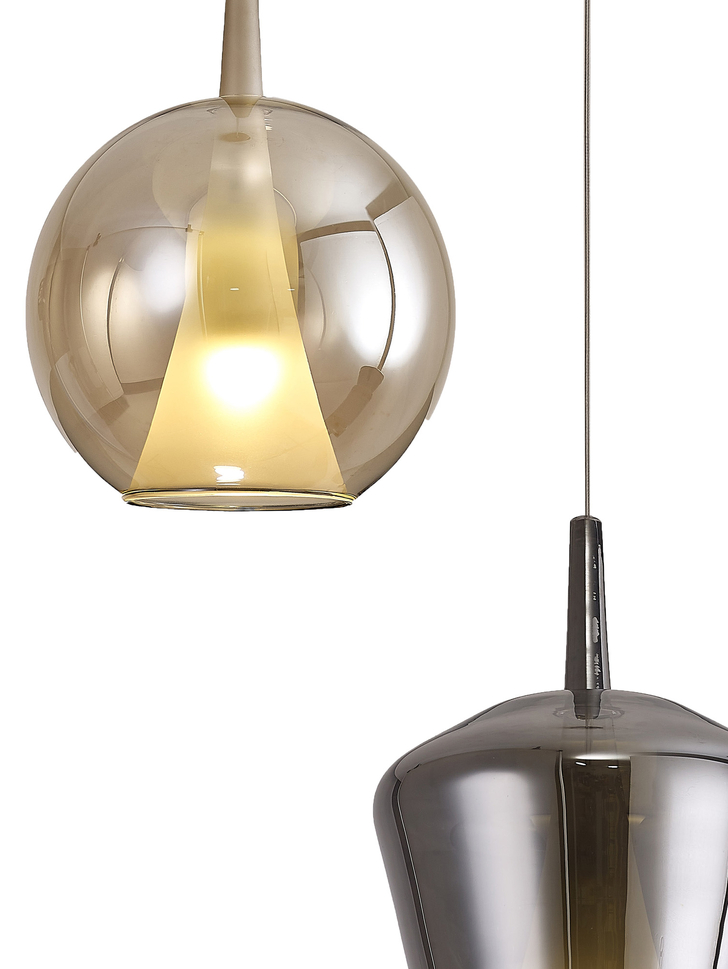 Mantra Elsa 3 Light Pendant Light With Gold Frame Complete With Clear, Chrome And Bronze Glas Shades