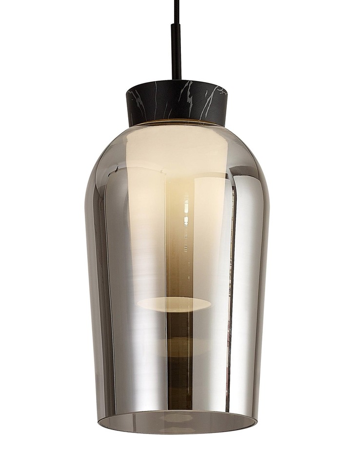 Mantra Nora Black 1 Light Pendant Complete With Smoked Glass, Frosted Inner And Marble Detailing