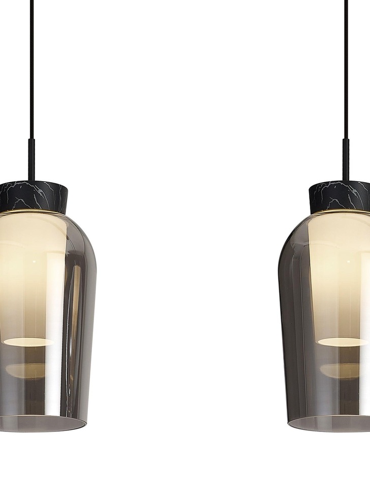 Mantra Nora Black 3 Light Linear Bar Pendant Light Complete With Smoked Glasses, Frosted Inners And Marble Detailing