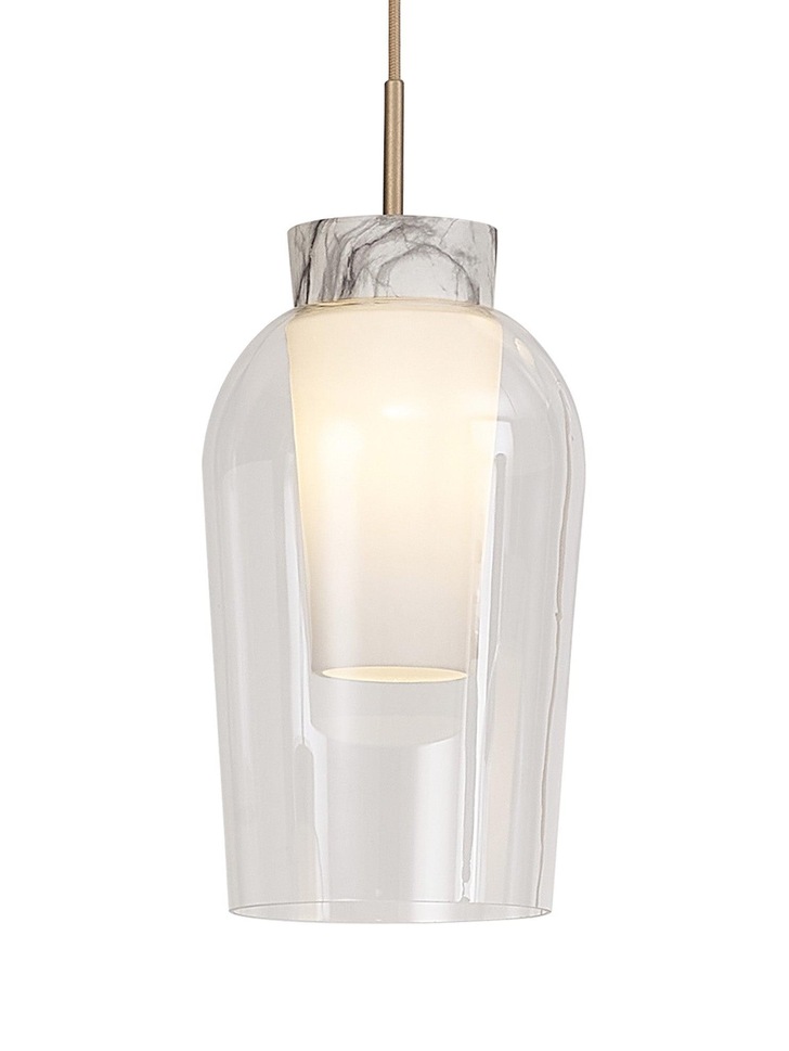 Mantra Nora Gold 1 Light Pendant Complete With Clear Glass, Frosted Inner And Marble Detailing