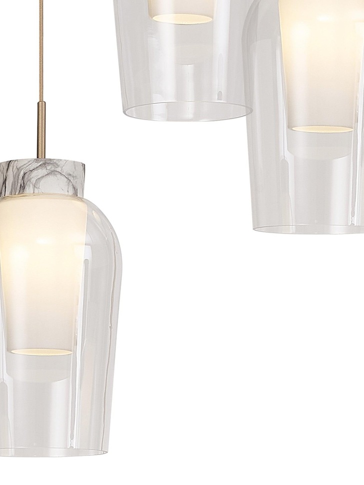 Mantra Nora Gold 3 Light Adjustable Pendant Light, With Clear Glasses, Frosted Inners And Marble Detailing