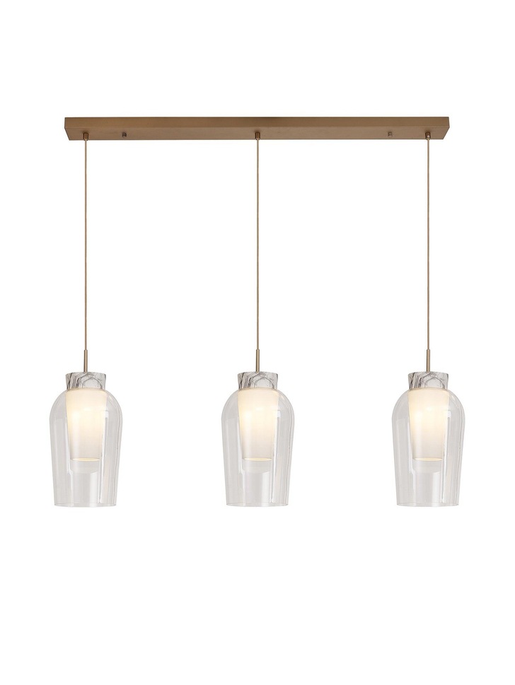 Mantra Nora Gold 3 Light Linear Bar Pendant Light Complete With Clear Glasses, Frosted Inners And Marble Detailing