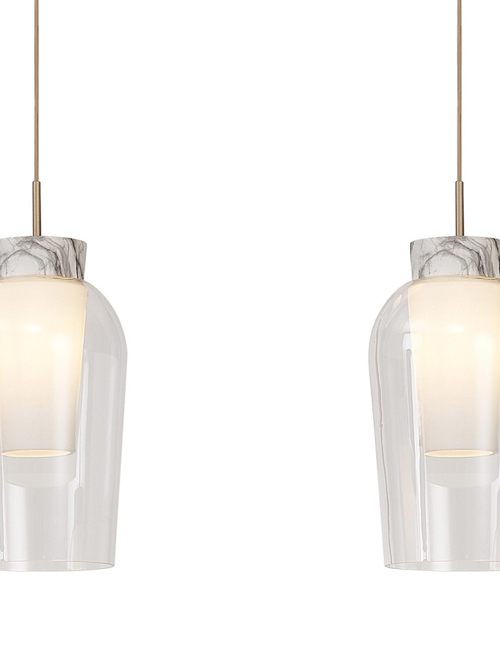 Mantra Nora Gold 3 Light Linear Bar Pendant Light Complete With Clear Glasses, Frosted Inners And Marble Detailing