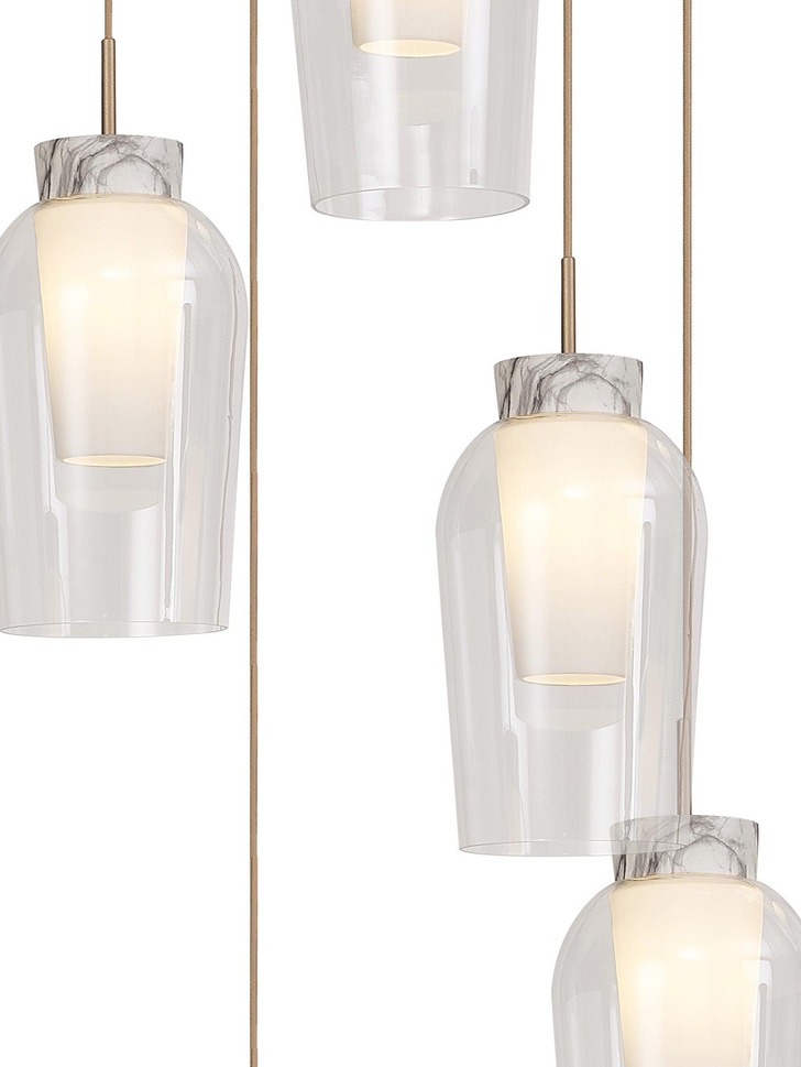 Mantra Nora Gold 5 Light Cluster Pendant With Clear Glasses, Frosted Inners And Marble Detailing