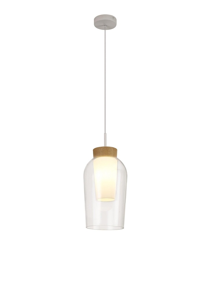 Mantra Nora White/Wood 1 Light Pendant Complete With Clear Glass And Frosted Inner