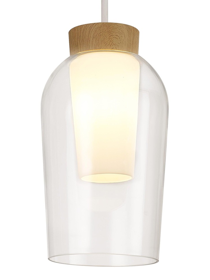 Mantra Nora White/Wood 1 Light Pendant Complete With Clear Glass And Frosted Inner