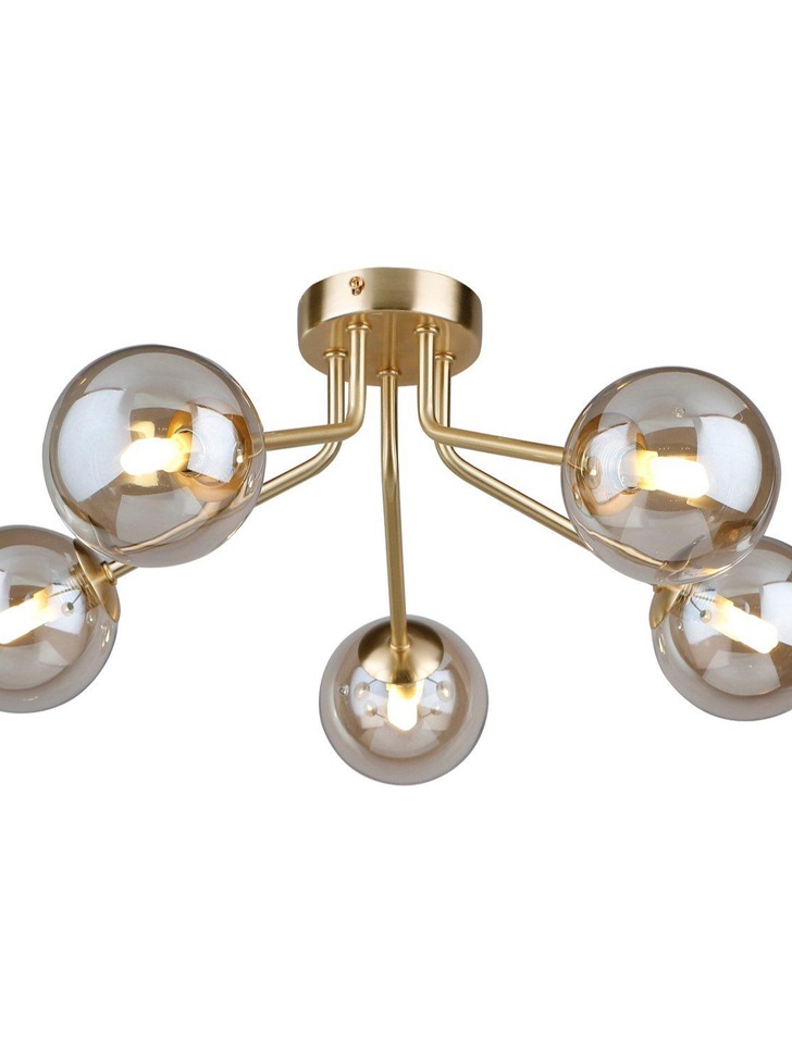 Piper Gold 5 Light Flush Ceiling Light With Cognac Glass Spheres